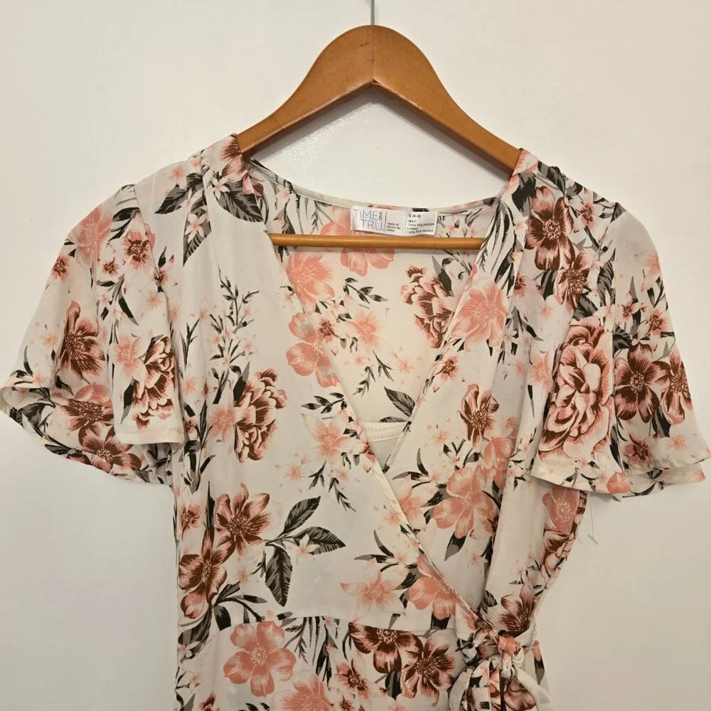 Time and Tru Floral Wrap Midi Dress Tie Waist Short Sleeve Size M - Picture 6 of 16